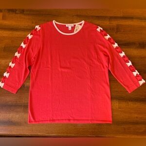 Belford NWT 100%Pima Cotton knit crewneck XL salmon/coral decorative sleeve
